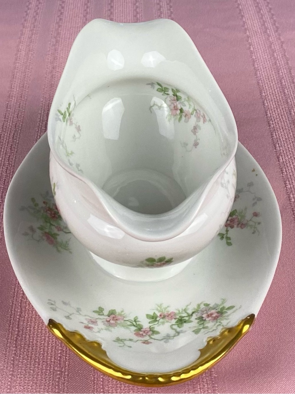 Limoges White Porcelain Gravy Boat with Pink Floral Garland